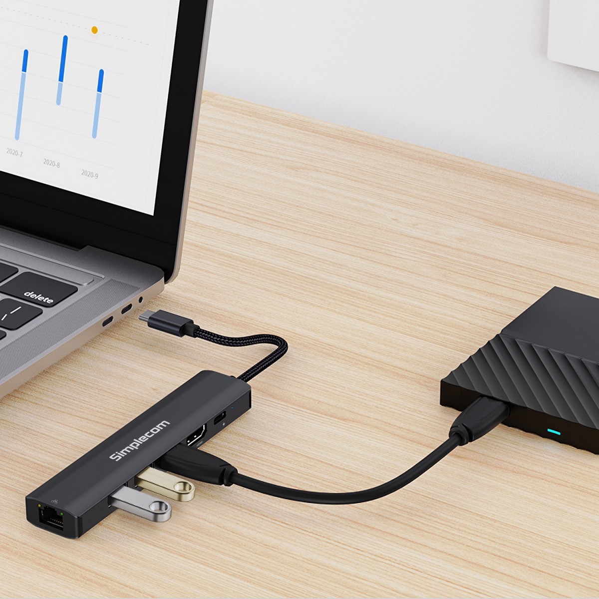 A large marketing image providing additional information about the product Simplecom USB-C SuperSpeed 6-in-1 Multiport Adapter Docking Station - Additional alt info not provided